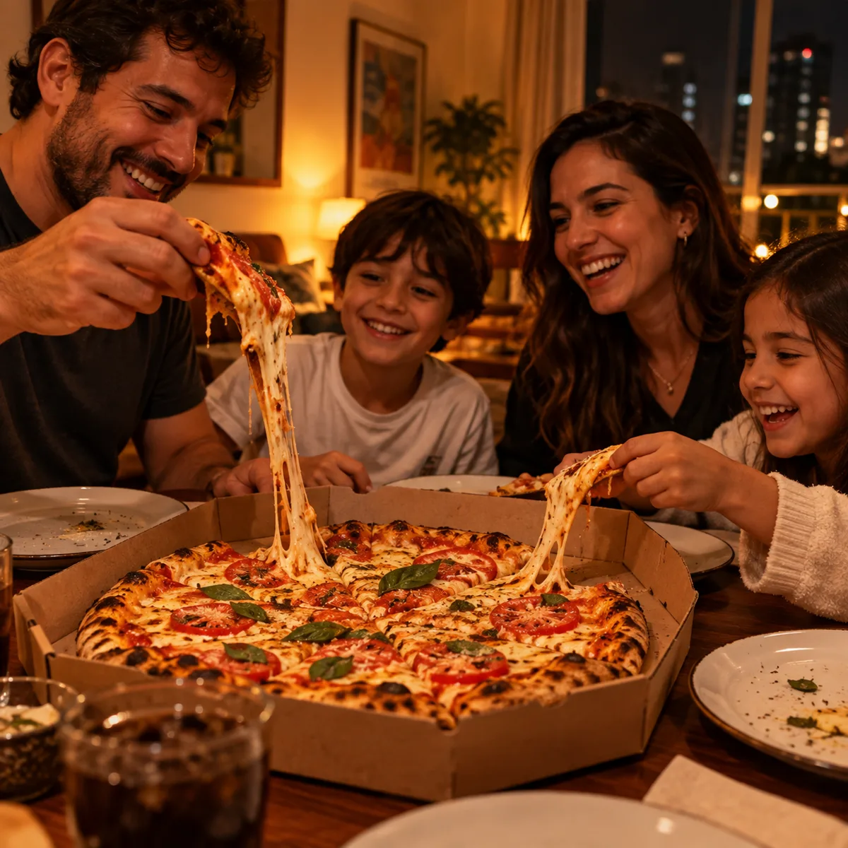 Família dividindo pizza na mesa de casa