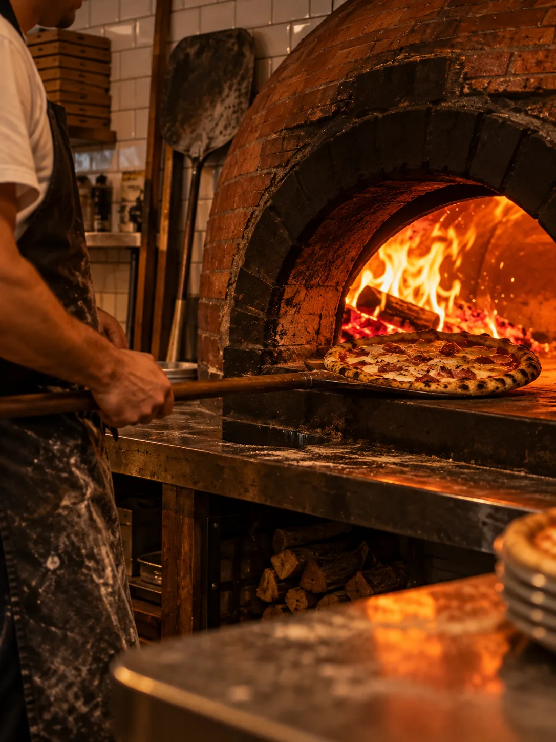 Forneiro tirando a pizza do forno a lenha