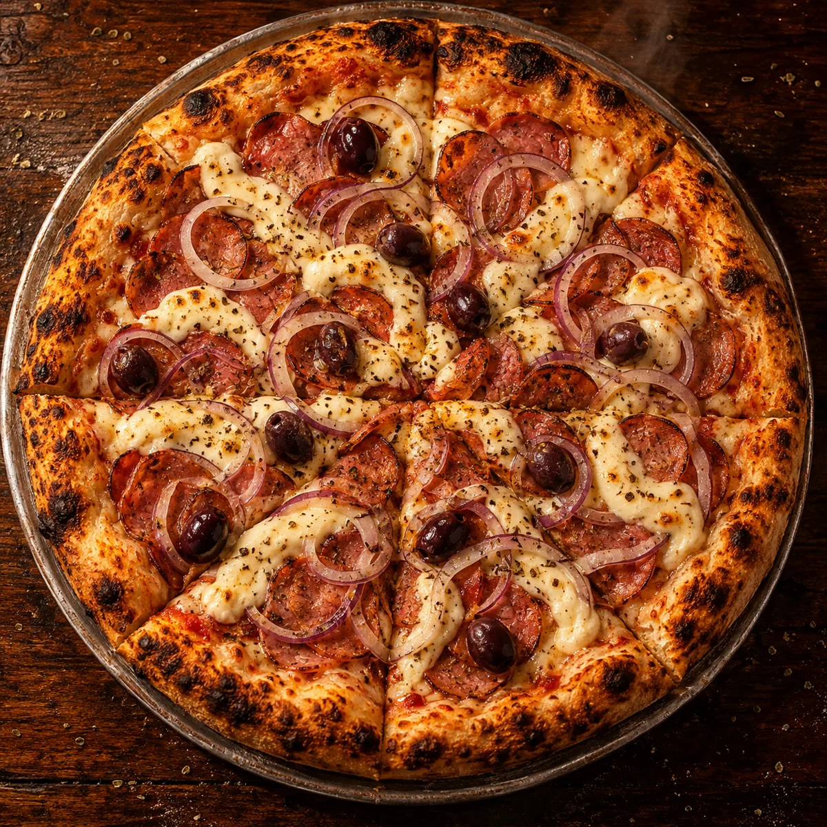A pizza da casa, com calabresa, Catupiry e cebola roxa