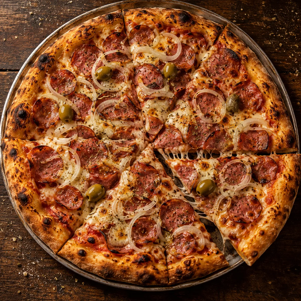 Pizza de calabresa recém-saída do forno